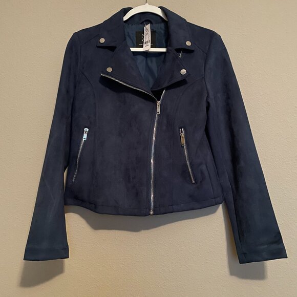 New York and Company, OVERSIZED Size XS (Fits Larger) Blue Faux-Suede Moto - Picture 2 of 13